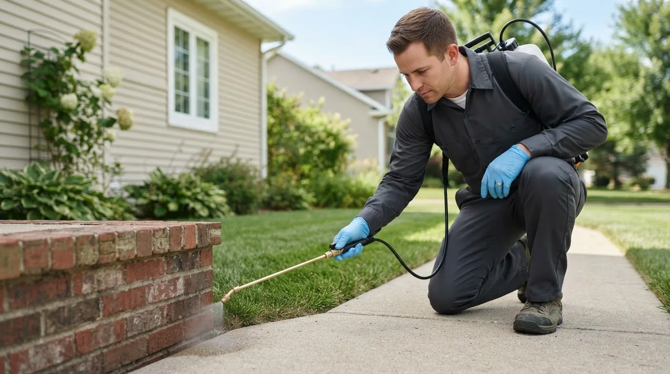 Pest control technician treating a home near White Earth, ND